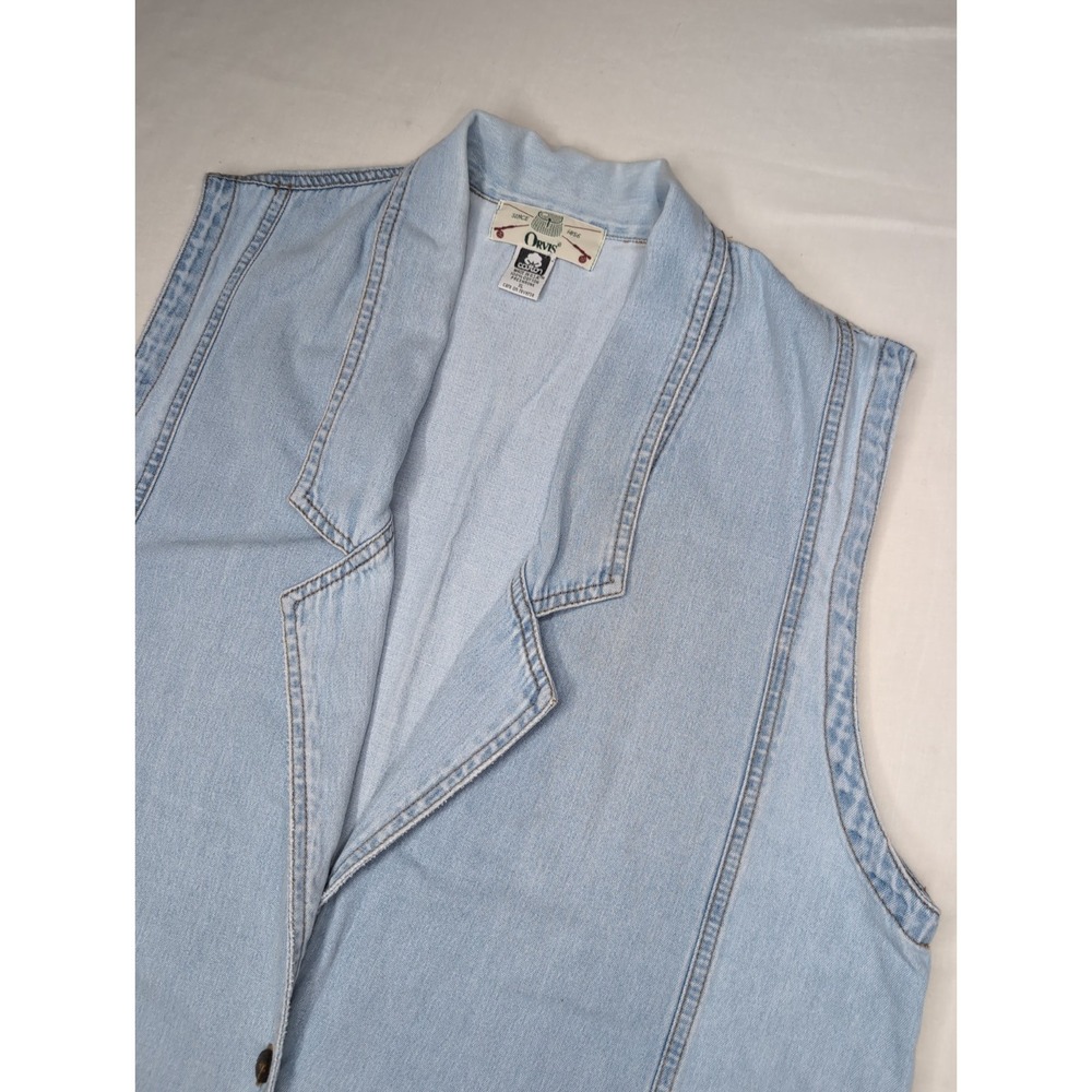 VTG Orvis Womens XL Light Wash Denim Long Vest Lightweight Coastal Cotton USA